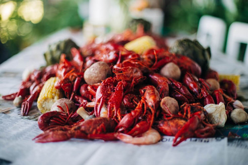 Premium Photo  Cooked crawfish with ice and fishing net on a